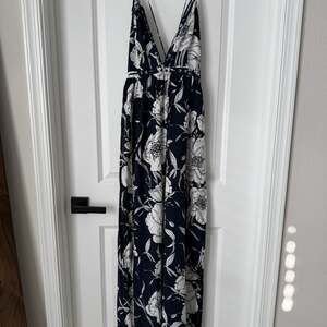 Hommage Navy White Floral Maxi Halter Dress